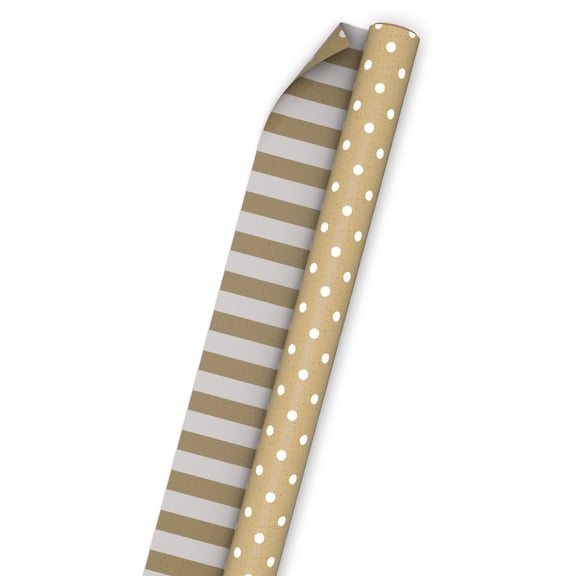 Hallmark Reversible Wrapping Paper Roll (Kraft Dots and Stripes) 20 Sq. ft.
