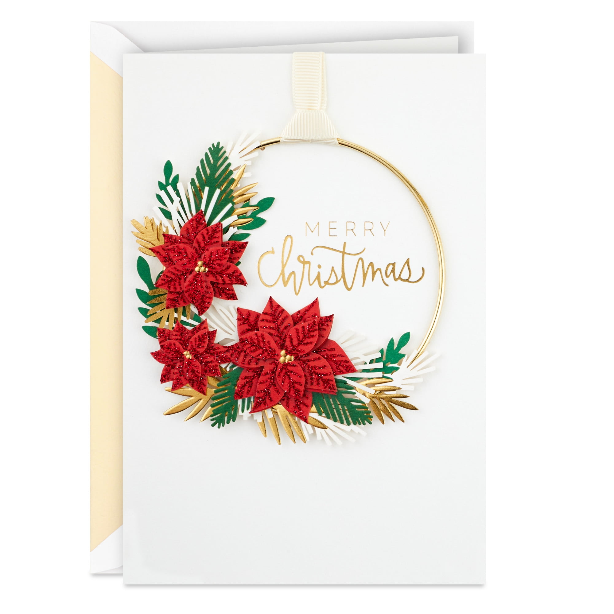 Hallmark Signature Christmas Card with Hoop Wreath (Merry Christmas Poinsettias)