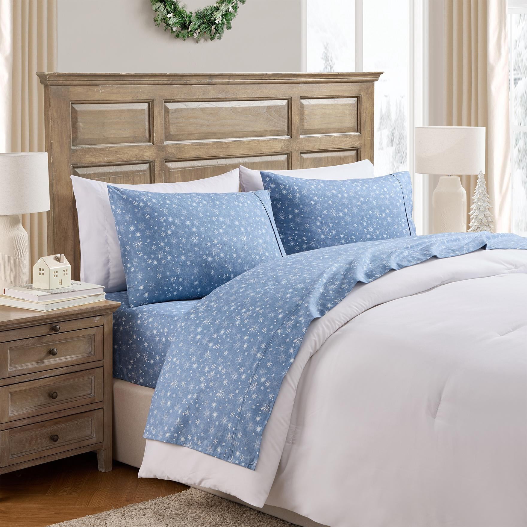 Hallmark Snowflakes 4-Piece Adult Blue Brushed Cotton Flannel Bed Sheet Set, Queen