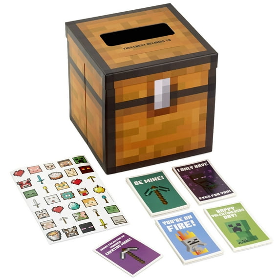 Hallmark Valentines Day Cards for Kids and Mailbox for Classroom Exchange, Minecraft (1 Box, 32 Valentine Cards, 35 Stickers, 1 Teacher Card)