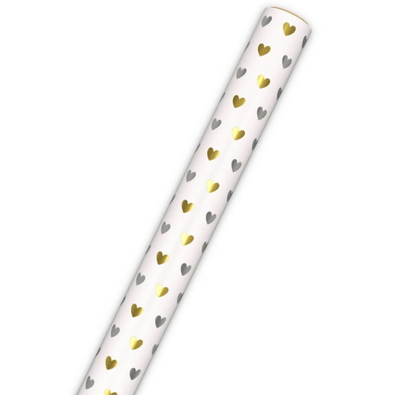 Hallmark Wrapping Paper Roll (Silver and Gold Hearts on White Metallic) 17.5 sq. ft.