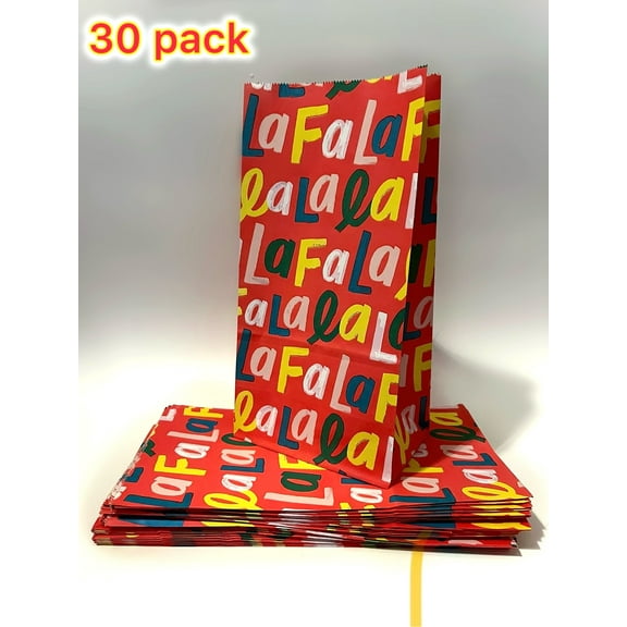 Hallmark coral with multi-color printed "fa la la "wrapped party bags, 30 count