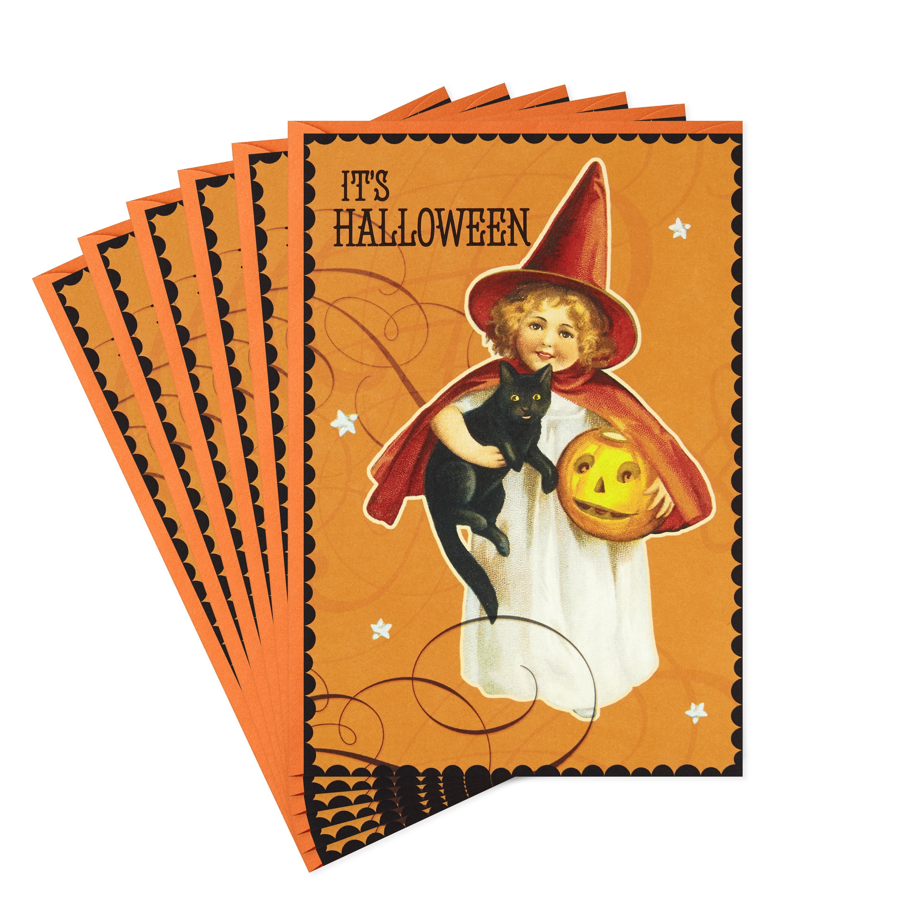 Hallmark Halloween Cards (Vintage Girl With Cat), Pack of 6, 6 Count