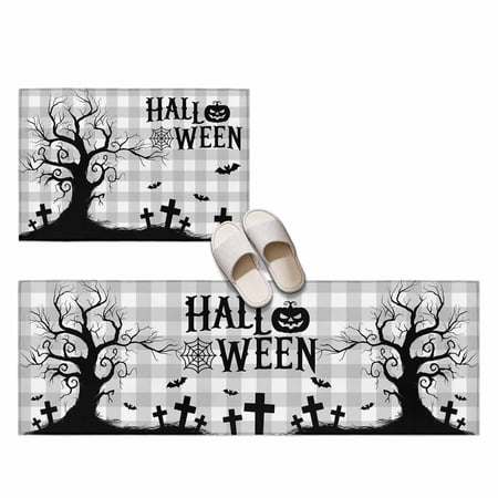 Hallo Halloween 2 Pieces Non-Slip Kitchen Mat Set, Spooky Gnarled Tree Flying Bat Graveyard Hill Gray Plaid Soft Door Mat with Rubber Backing, Dirtproof Rugs for Entrance, 23.6x35.4in+23.6x70.9in