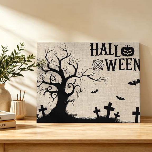 Hallo Halloween Canvas Wall Art, Spooky Gnarled Tree Bat Graveyard Hill Linen Texture Wall Art Prints Artwork Framed Canvas Ready to Hang Art Pictures for Bathroom, Dressing Table, Entryway 12" x 8"