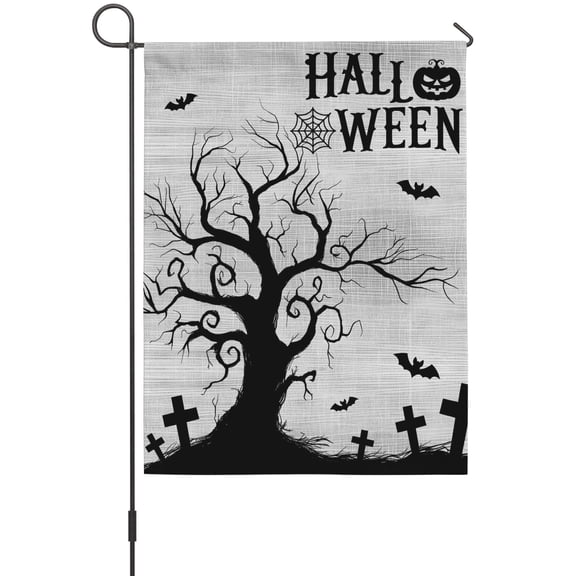 Hallo Halloween Garden Flag 12 x 18 Inches, Spooky Gnarled Tree Flying Bat Graveyard Hill Gray Weather Proof Outdoor Patio Flags Double Sided Small Garden Decoration for Yard Outside Home