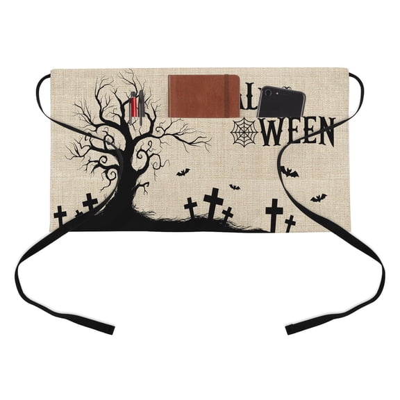 Hallo Halloween Kitchen Restaurant Half Waist Apron, Spooky Gnarled Tree Bat Graveyard Hill Linen Texture Server Short Apron with 3 Pockets Waterproof Oil Waist Aprons for Women Waitress Waiter