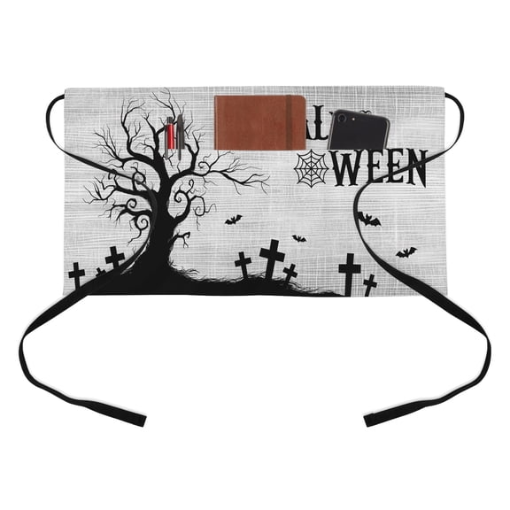 Hallo Halloween Kitchen Restaurant Half Waist Apron, Spooky Gnarled Tree Flying Bat Graveyard Hill Gray Server Short Apron with 3 Pockets Waterproof Oil Waist Aprons for Women Waitress Waiter