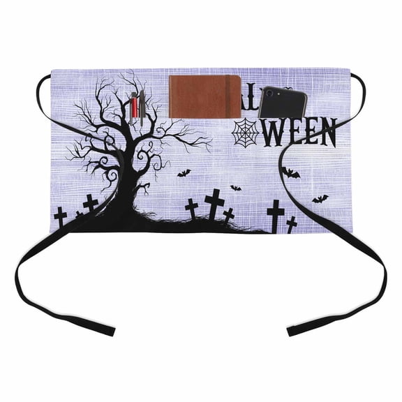 Hallo Halloween Kitchen Restaurant Half Waist Apron, Spooky Gnarled Tree Flying Bat Graveyard Hill Purple Server Short Apron with 3 Pockets Waterproof Oil Waist Aprons for Women Waitress Waiter