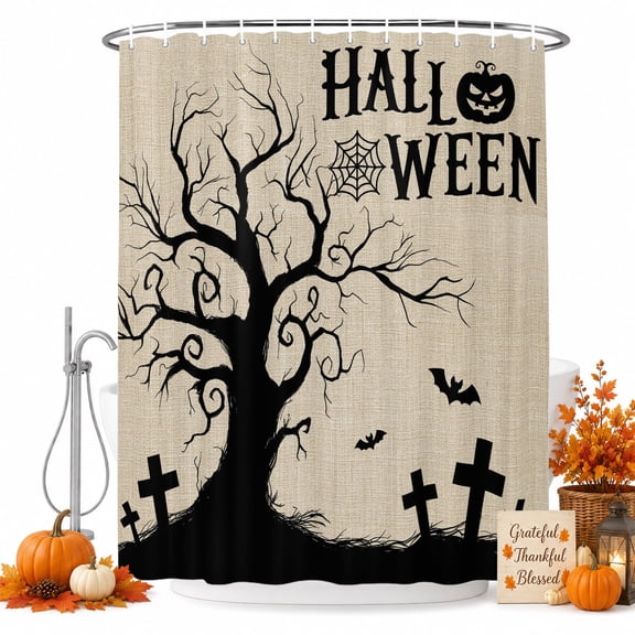 Hallo Halloween Shower Curtain for Bathroom, Spooky Gnarled Tree Bat Graveyard Hill Linen Texture Waterproof Cloth Fabric Bathroom Accessories Set with 12 Rust Proof Plastic Hooks, 72"x84"