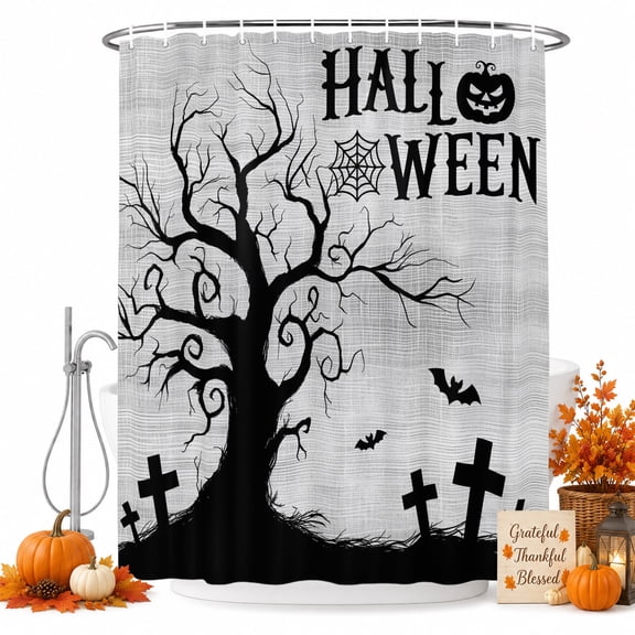 Hallo Halloween Shower Curtain for Bathroom, Spooky Gnarled Tree Flying Bat Graveyard Hill Gray Waterproof Cloth Fabric Bathroom Accessories Set with 9 Rust Proof Plastic Hooks, 36"x72"