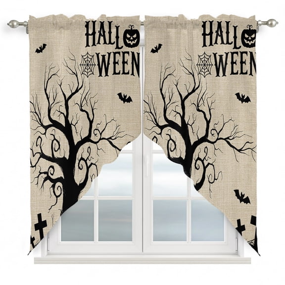 Hallo Halloween Swag Curtain Valance for Windows, Spooky Gnarled Tree Bat Graveyard Hill Linen Texture Window Treatments Short Swag Topper for Kitchen Windows Bathroom Bedroom, 28"x36"