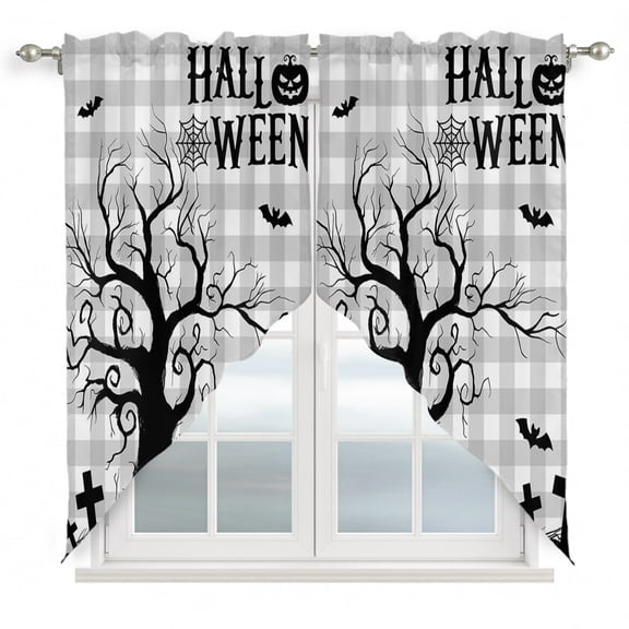 Hallo Halloween Swag Curtain Valance for Windows, Spooky Gnarled Tree Flying Bat Graveyard Hill Gray Plaid Window Treatments Short Swag Topper for Kitchen Windows Bathroom Bedroom, 36"x63"