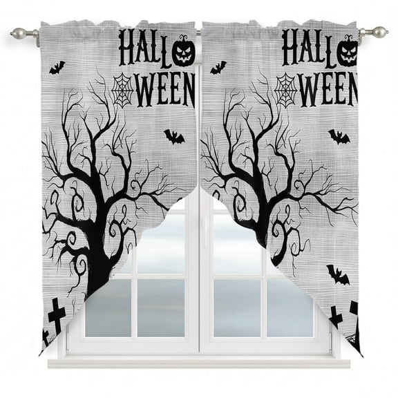 Hallo Halloween Swag Curtain Valance for Windows, Spooky Gnarled Tree Flying Bat Graveyard Hill Gray Window Treatments Short Swag Topper for Kitchen Windows Bathroom Bedroom, 36"x45"