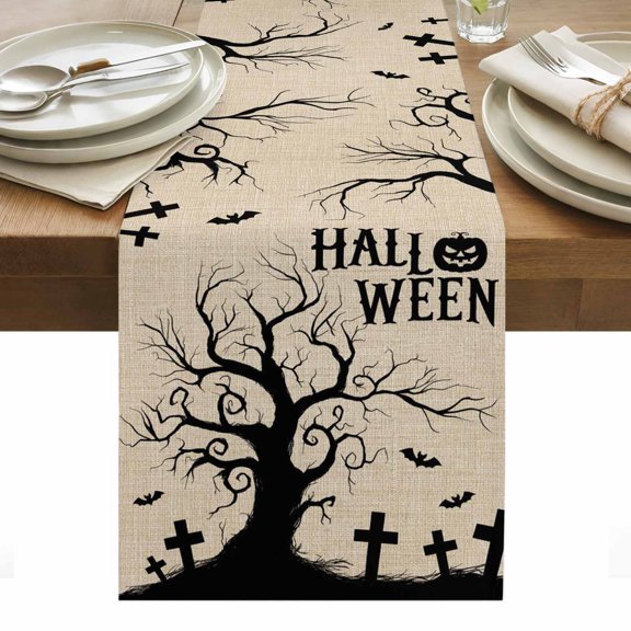 Hallo Halloween Table Runner, Spooky Gnarled Tree Bat Graveyard Hill Linen Texture Washable Kitchen Table Runners for Dining Table Decorations Party/Restaurant/Indoor Outdoor Use, 14x72in