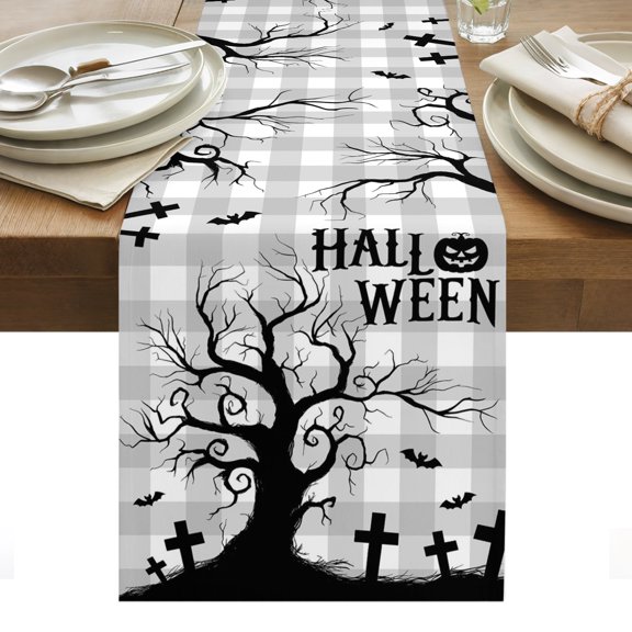Hallo Halloween Table Runner, Spooky Gnarled Tree Flying Bat Graveyard Hill Gray Plaid Washable Kitchen Table Runners for Dining Table Decorations Party/Restaurant/Indoor Outdoor Use, 13x60in
