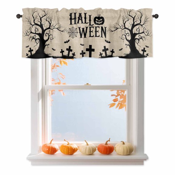 Hallo Halloween Valances for Windows, Spooky Gnarled Tree Bat Graveyard Hill Linen Texture Rod Pocket Valance Short Window Treatments Curtains for Kitchen Bathroom Bedroom Decor, 42 x 18 Inches