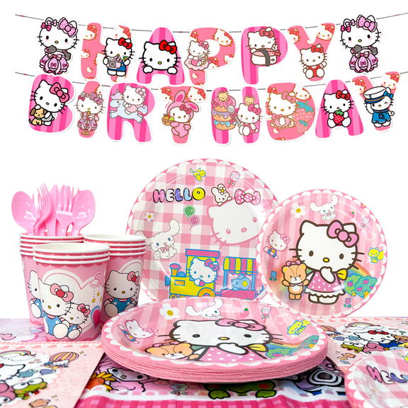 Hallo Ki-tty Birthday Party Decoration Tableware Set, Hallo Ki-tty Party Supplies Tableware including Hallo Ki-tty Tablecloth Banner Plates Napkins Cups for Hallo Ki-tty Birthday Party Decoration