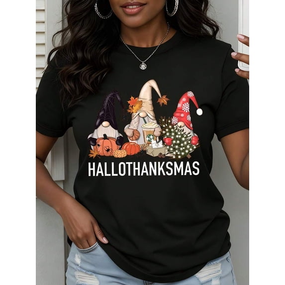 Hallo thanksmas Gnomes Pumpkin Christmas Tree Graphic Tee Women Fall Holiday Seasonal Short Sleeve Casual Cotton T Shirt Top