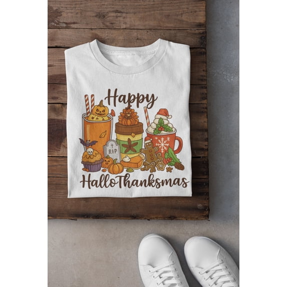 HalloThanksMas Fall Holiday Coffee Theme T-Shirt - Walmart.com