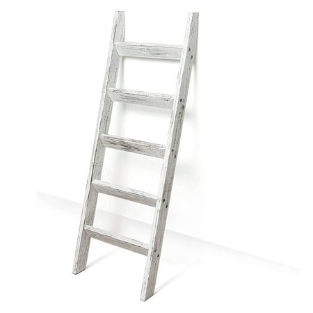 Hallops 5 ft Blanket Ladder - Premium Wood Rustic Quilt Rack - Decorative Farmhouse Ladder Shelf for Blankets - Vintage Wooden Ladder Shelf (White on Brown)
