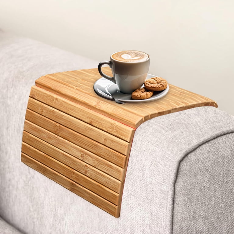 Danfoxer 2-Pack Bamboo Couch Arm Tray - Folding Clip-On Sofa Tray For Drinks, Snacks, Phone, Remote