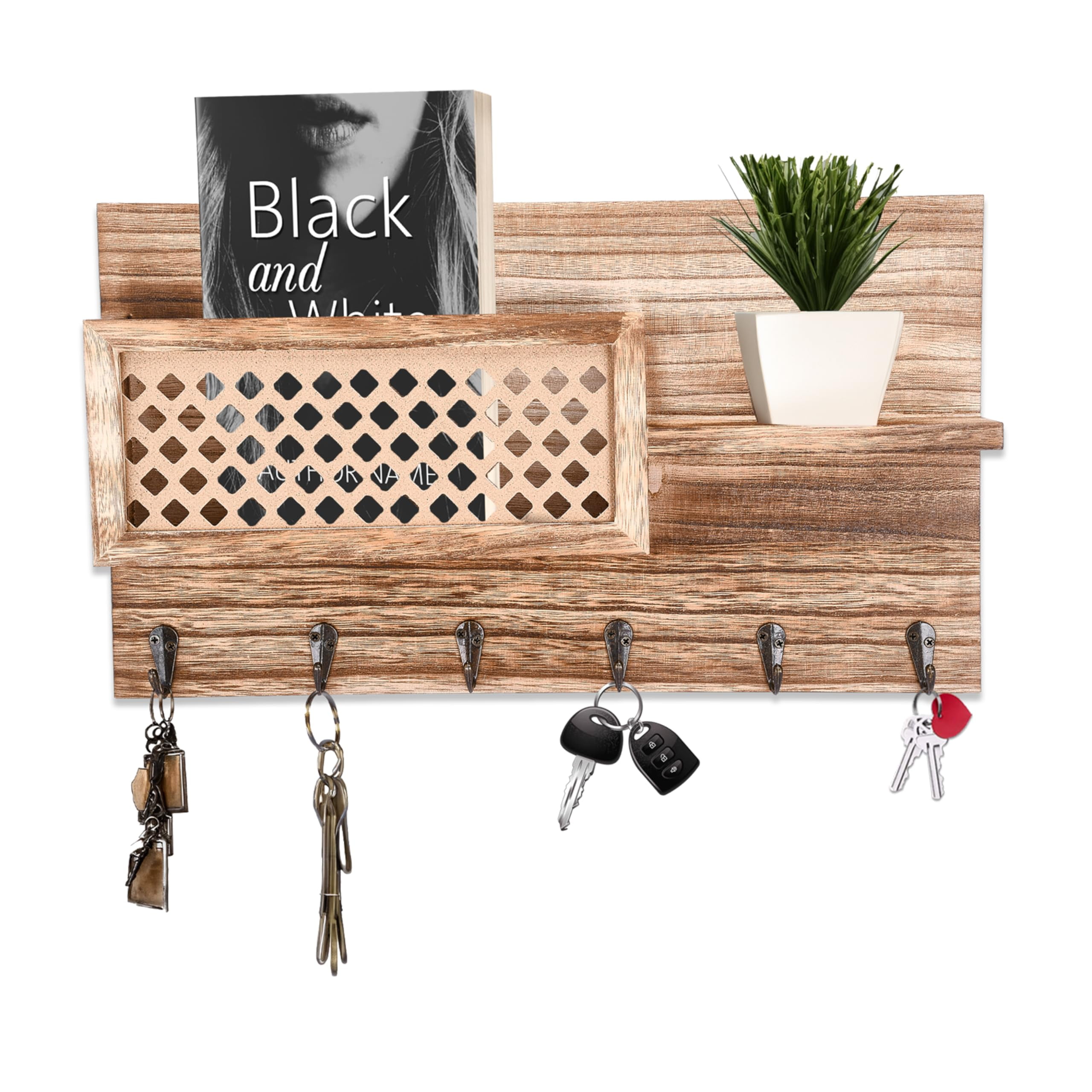 Rustic Brown Wooden Wall Mount Key Holder with Shelf