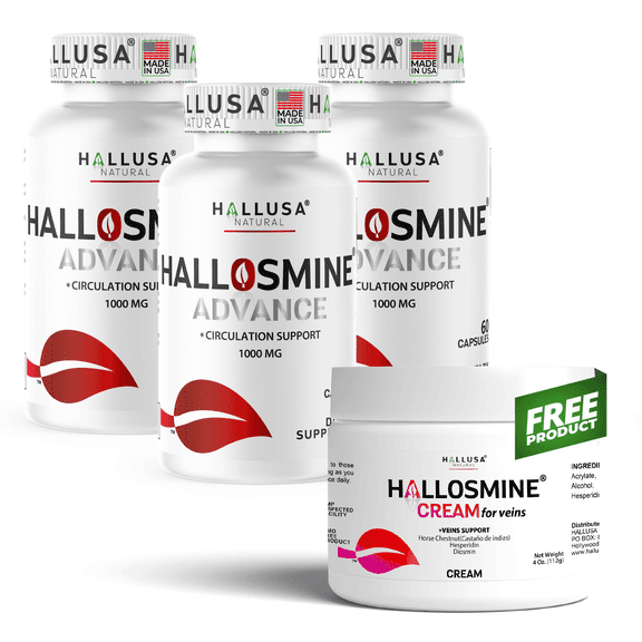 Hallosmine Advance 1000mg Diosmin, 180 Capsules + Free Leg Cream with Diosmin, Hesperidin & Horse Chestnut, 4 oz | Blood Circulation & Vein Support Supplement