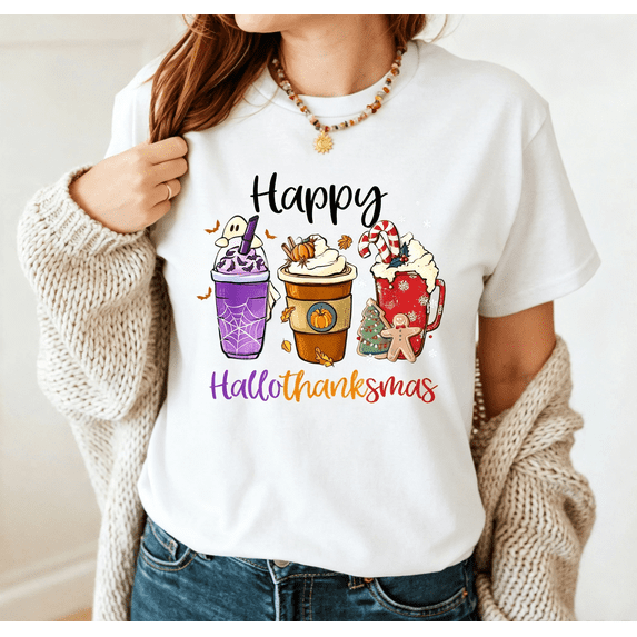 Hallothanksmas Coffee T-Shirt: Halloween Thanksgiving Christmas Tee Crew Neck Short Sleeve Casual Tshirt For Women