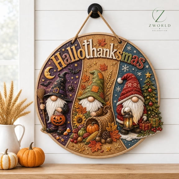 Hallothanksmas Door Hanger, 3 Holiday Gnome Wooden Sign, Halloween Thanksgiving Christmas Front Door Decor, Welcome Sign