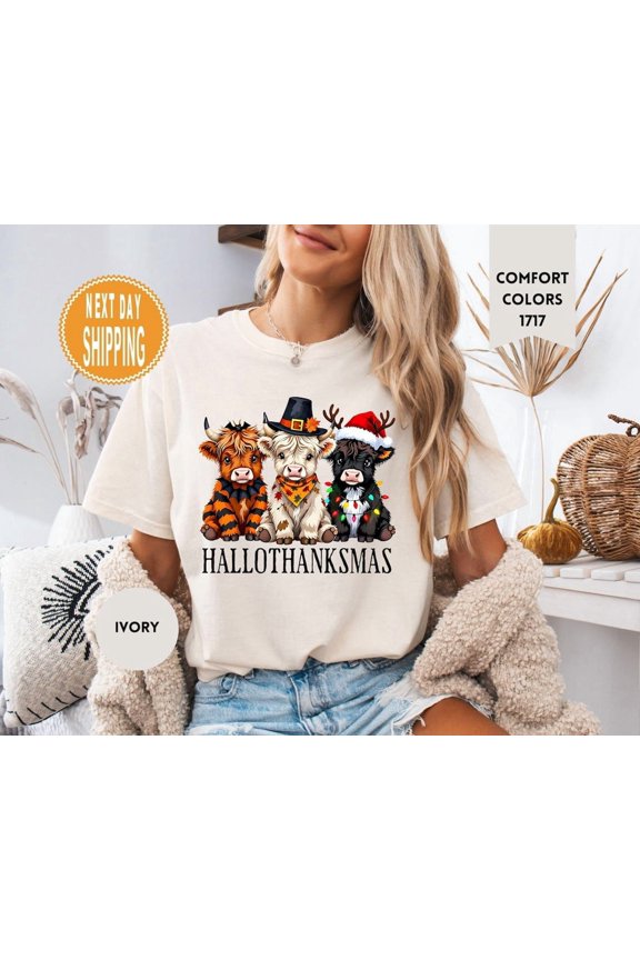 Hallothanksmas Fall Cow Spooky Season Apparel Farmer T-Shirt