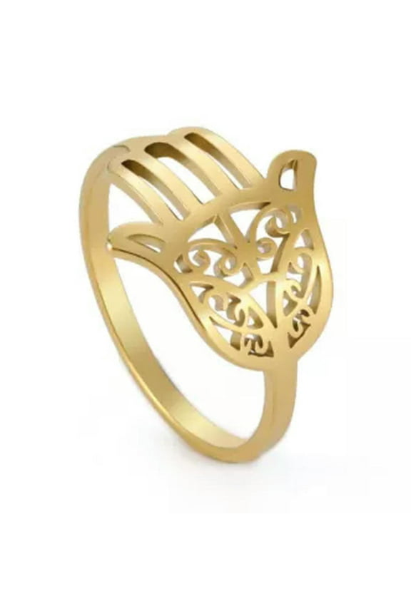 Hallow out Hamsa Hand of Fatima Evil Eye Ring Stainless Steel Band Ring Jewelry