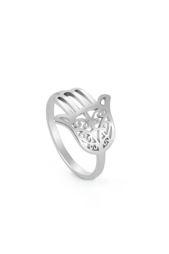 Hallow out Hamsa Hand of Fatima Evil Eye Ring Stainless Steel Band Ring Jewelry