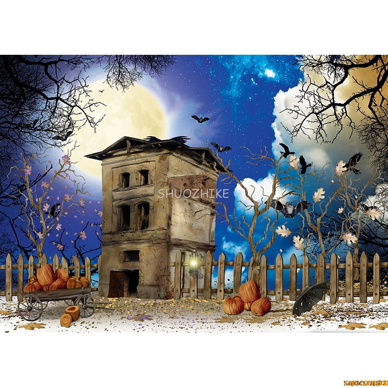 Halloween Castle Backdrop Scary Graveyard Pumpkin Lantern Photography Background Full Moon Night Kids Family Party Decorations Photo Props