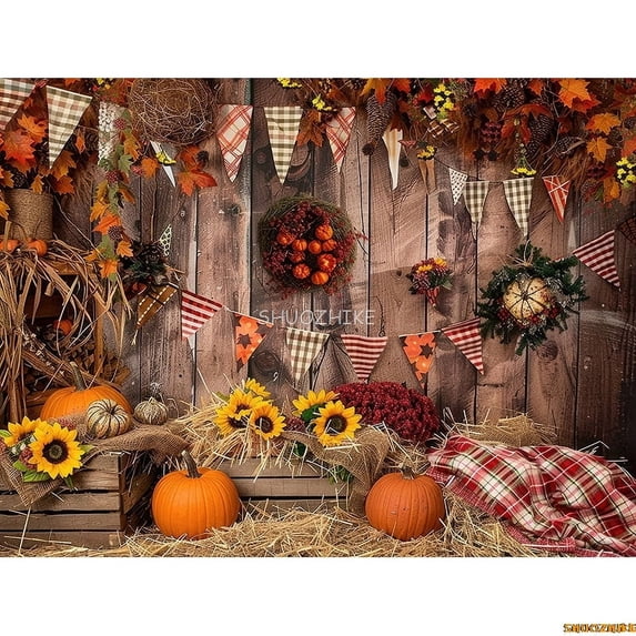 Hallowe Day Theme Photography Backdrops Props Wagon Flowers Fall Sce With Pumpkin Patch Door Photo Studio Background HW-04