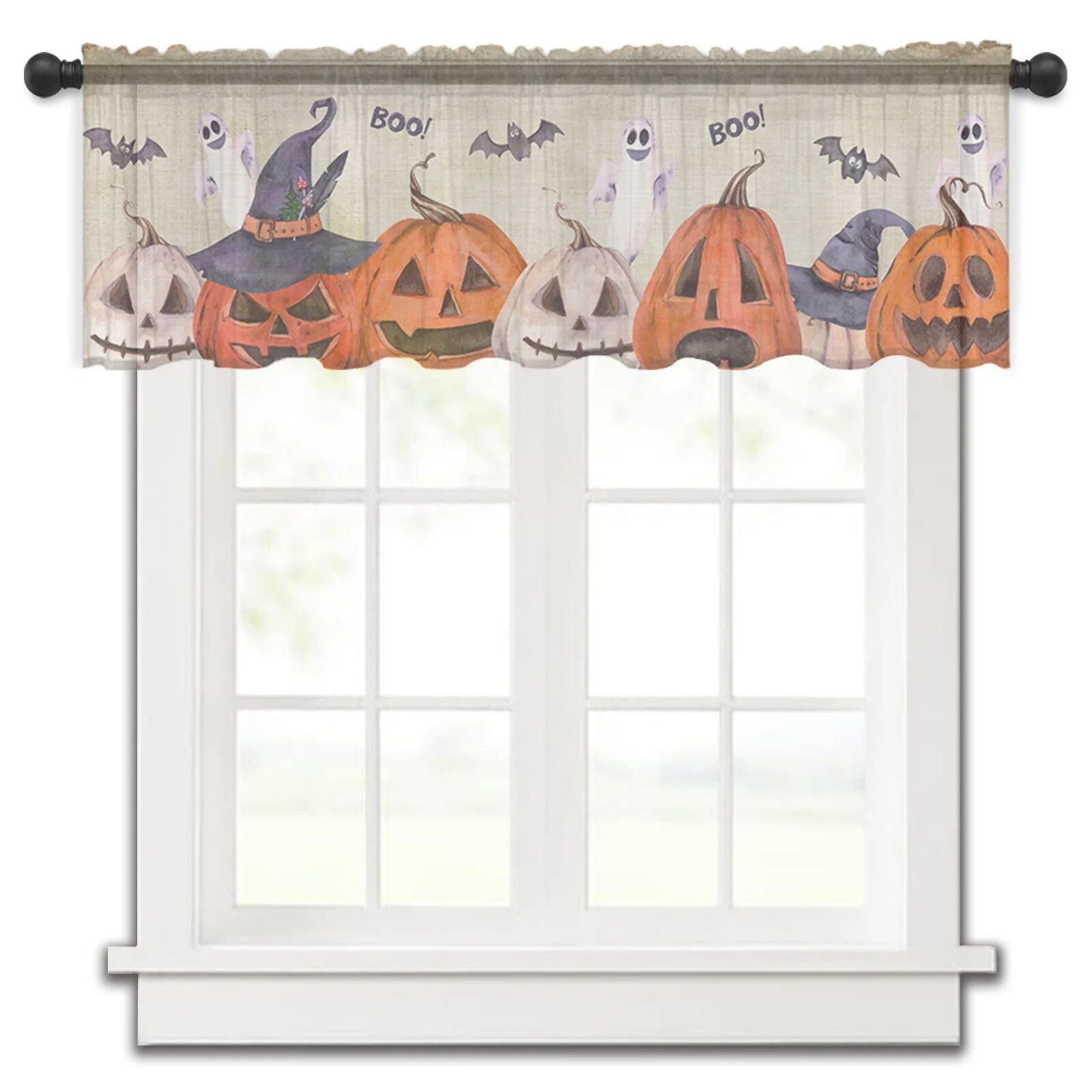 Hallowe Pumpkin Bat Vintage Small Window Curtain Valance Sheer Short