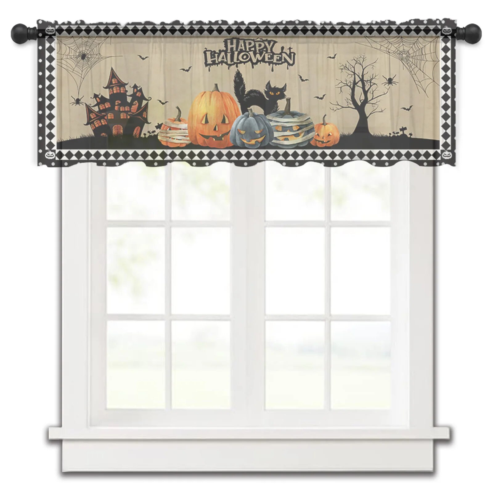 Hallowe Pumpkin Black Cat Bat Horror Small Window Curtain Tulle Sheer