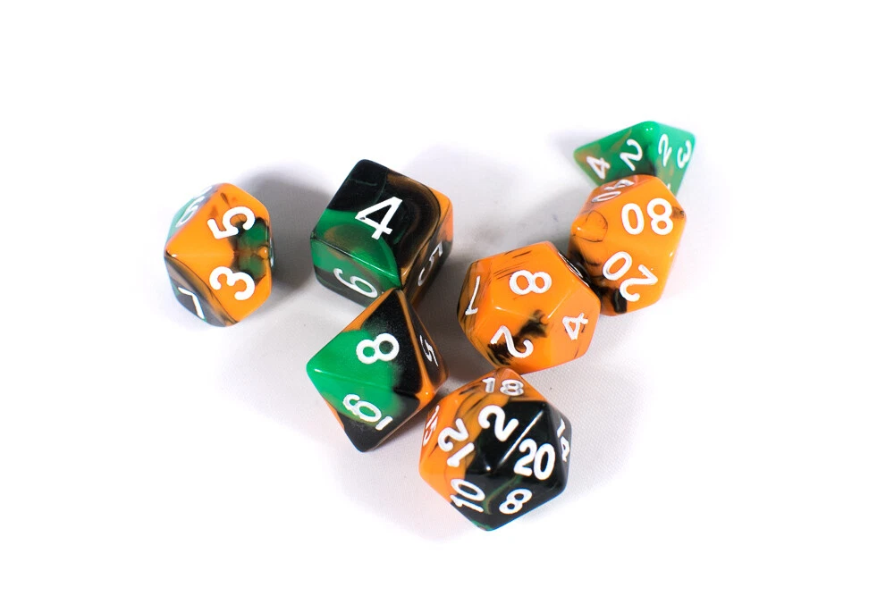 Hallowed Grounds Tri-Color Swirl Orange/Black/Green Dice Brycesdice Dnd