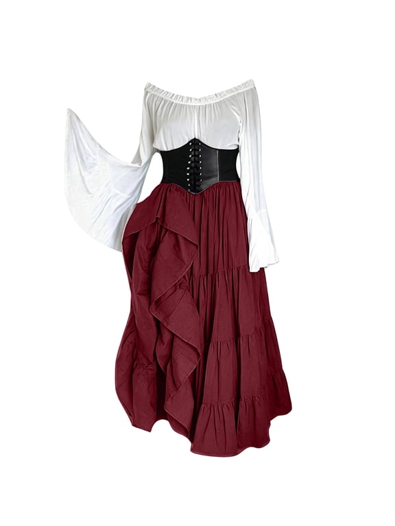 Halloweeen Renaissance Medieval Dress for Women, Pirate Off Shoulder Corset Dress | Bell Sleeve, Boat Neck, for Fairy Goth Halloween Medieval Party Costume
