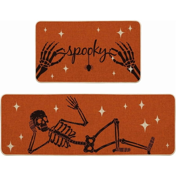 Halloweeen Skull Kitchen Rugs and Mats Set of 2, Trick Or Treat Kitchen Mat, Seasonal Holiday Cooking Sets Washable Non-Slip Floor Mats for Halloweeen Kitchen Decor
