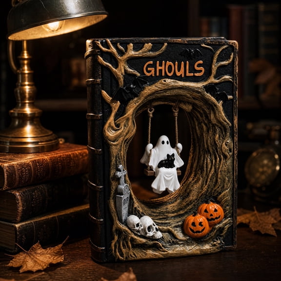 Halloweeen Vintage Ghouls Spell Book Resin Figurine, Hanging Swing Ghost with Black Cat Halloween Book Statue, Spooky Cemetery Skull Tabletop Decor