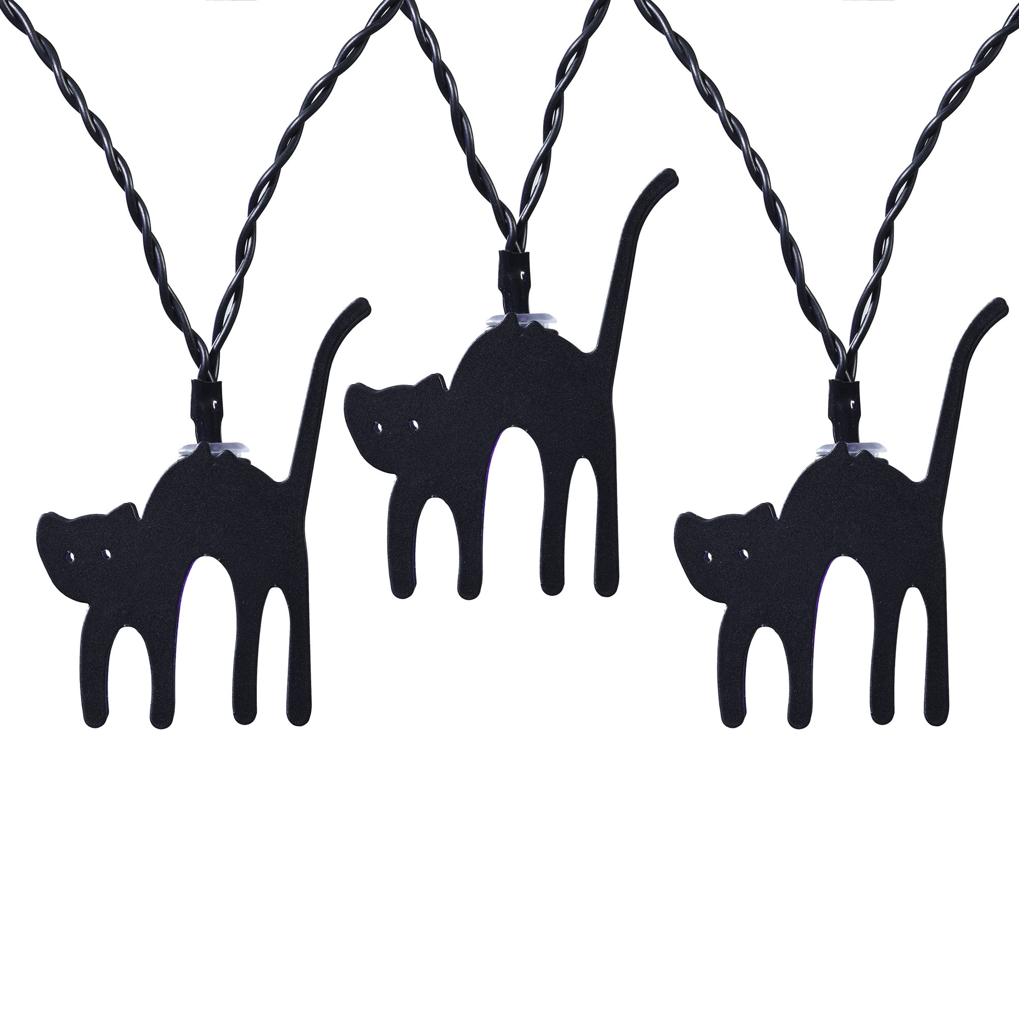 Halloween 10Count BatteryOperated Purple LED Lights with Black Metal Cats, 4.5', by Way To