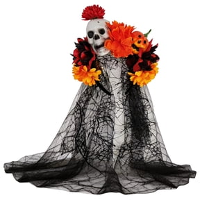 Halloween, 10 Inch Skull Pumpkin Headband with Artificial Flowers, Halloween Party Accessory for Themed Events and Day of The Dead Celebrations, 1 Pack