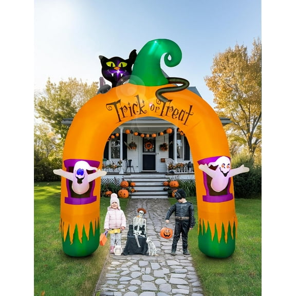 Halloween 10FT Inflatable Light-Up Archway with Ghost, Black Cat, and Cornucopia, Giant Blow Up Outdoor Decoration for Yard, Patio, Lawn, and Halloween Party Display