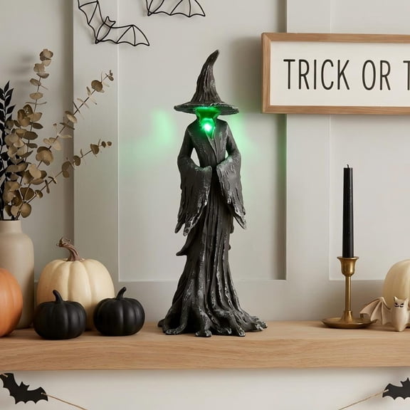 Halloween 12 Inch Gothic Dark Witch Figurine with LED Light, Faceless Spooky Figurine with Distressed Robe, Spooky Halloween Tabletop Decor for Entryway Fireplace