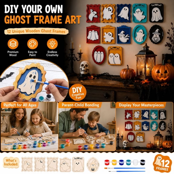 Halloween 12 Piece DIY Wooden Ghost Photo Frame Set Unfinished Ghost Silhouette Craft Kit With Paints And Brushes Included For Family Art Activity Home Decor Party Favor