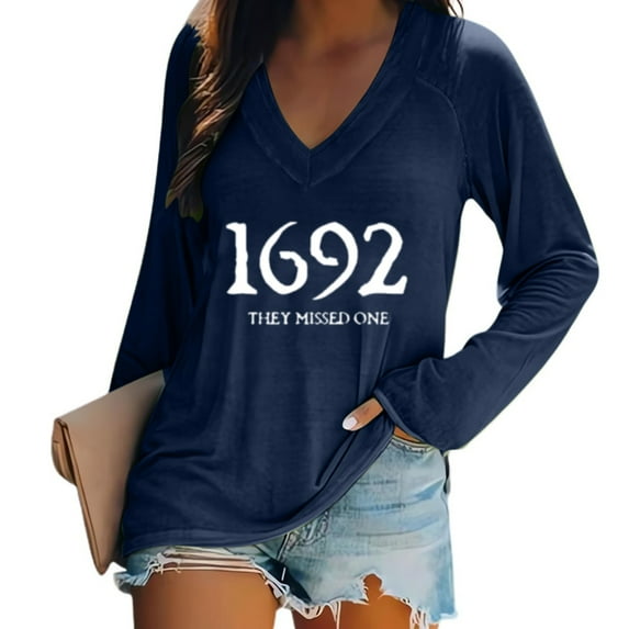 Halloween 1692 They Missed One Shirts for Women Vintage Long Sleeve Casual Tee V-Neck Tops