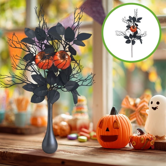 Halloween 17.5" Dried Branch Bouquet Centerpieces Decoration, Halloween Pumpkin Dried Branch Bouquet Decor, Artificial Gothic Black Orange Eucalyptus Leaves Flowers Stems Bouquet Decor