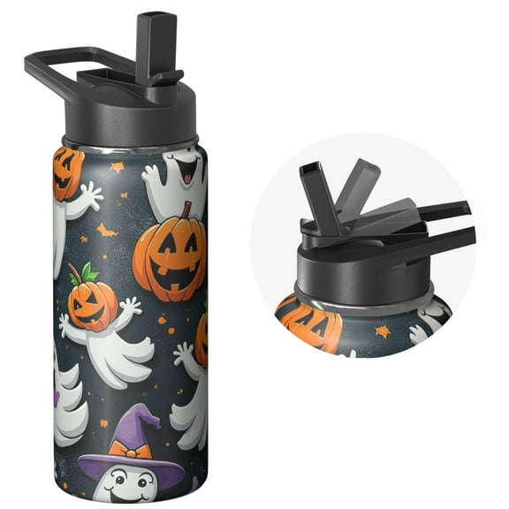 Halloween 18 OZ Water Bottle With Straws Double Walled Vacuum Insulated Sports Bottle Skeleton Bat Travel Thermal Cup Leak Proof Stainless Steel Tumbler Spooky Halloween Decor Gifts