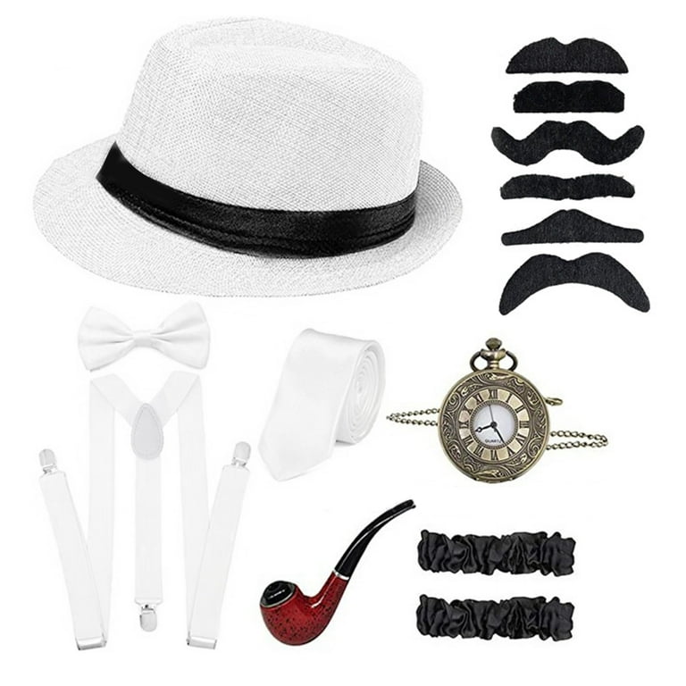 assortment of costumes and accessories, for a 1920s themed party, man in a  retro gangster costume, woman i…